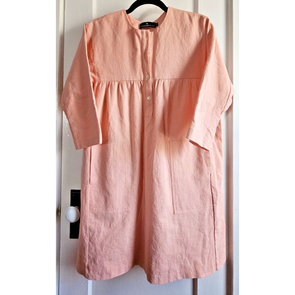 Pomander Place peach linen cotton baby doll shift dress button neck sz XS